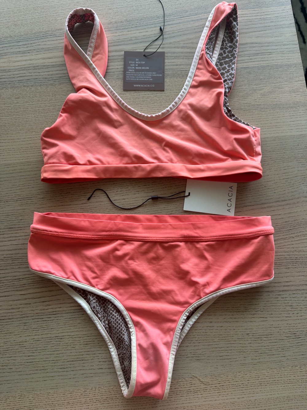 acacia swimwear Neon Melon Bikini Set with white piping